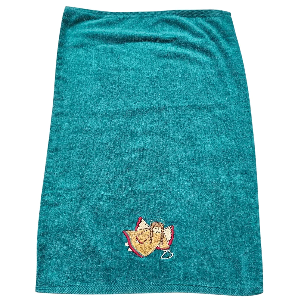 Green Embroidered Angel Christmas Hand Towels Set Made In USA 100% Cotton VTG